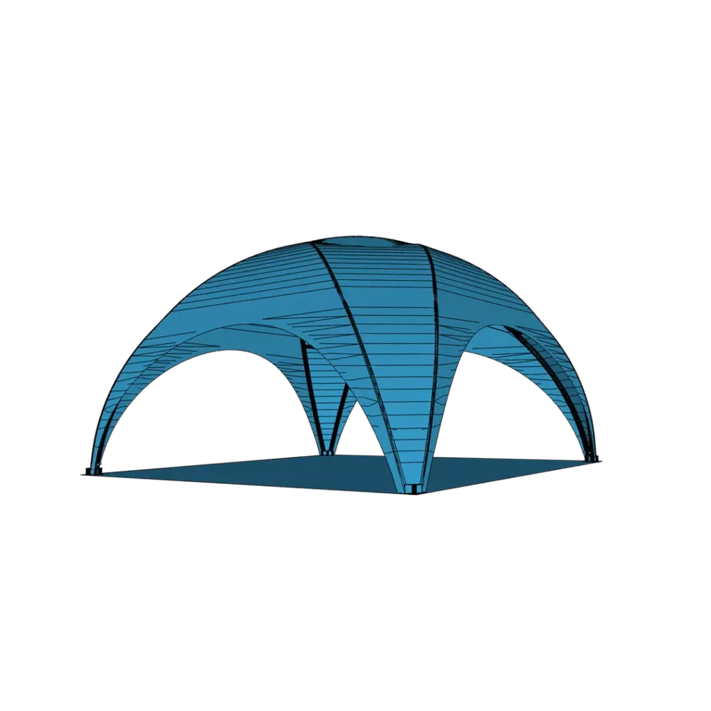 Un chapiteau événementiel bleu en forme de dôme croisé avec une ouverture sur le côté