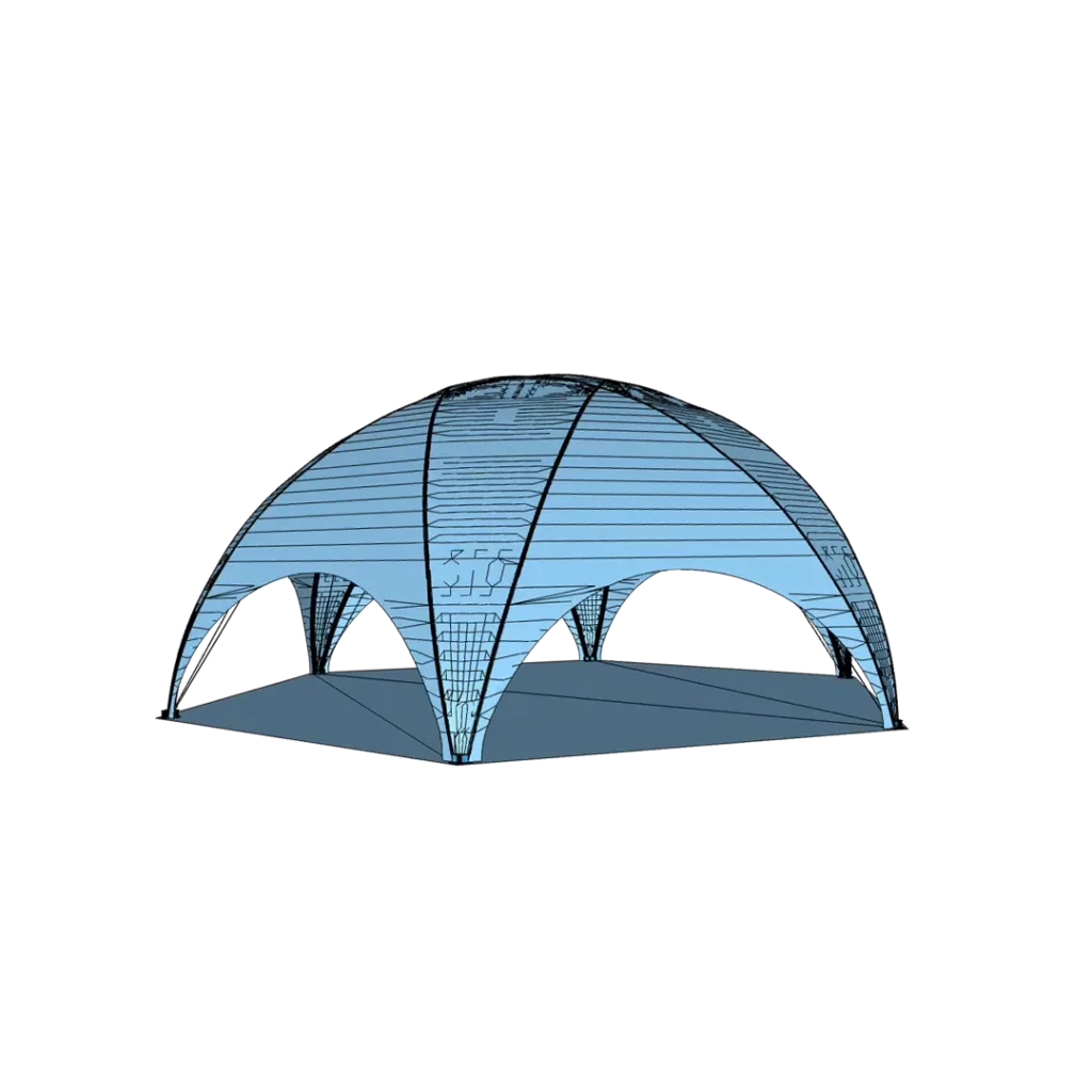 Chapiteau événementiel en forme de dome de chez tentaction, hexagonale de 100m2 avec une structure en aluminium et une toile bleue.