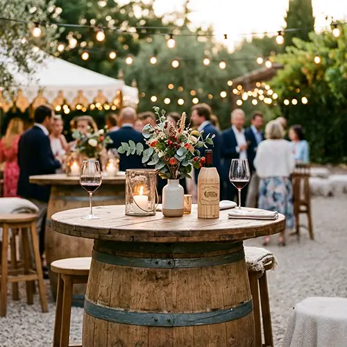 Mange-debout tonneau en bois lors d’un événement extérieur avec décoration chaleureuse et guirlandes lumineuses